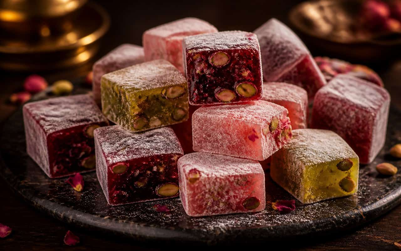 Pembe antep fıstıklı lokum küpleri pudra şekerli yakın çekim